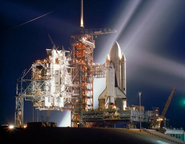 Left: Space shuttle Columbia on Launch Pad 39A at NASA’s Kennedy Space Center in Florida, where ground crews successfully completed two tanking tests to verify the external tank’s foam insulation. 