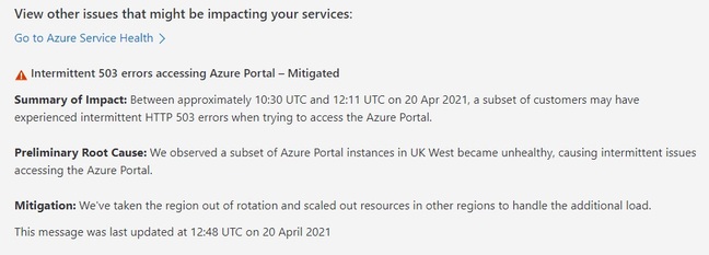 Azure Portal 503