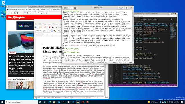 Linux applications running on Windows: Firefox, LibreOffice, Gedit and VS Code