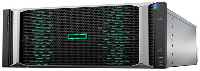 HPE 9000 image from Alletra brochure, with the box actually labelled Primera A670; the A670 being a 4-controller node, 16-SSD slot chassis which can grow with expansion enclosures. An Alletra 6000 image in the brochure uses the same Primera A670 shot.