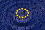 conceptual illustration - EU flag makes ripples in pool of binary data