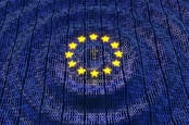 conceptual illustration - EU flag makes ripples in pool of binary data