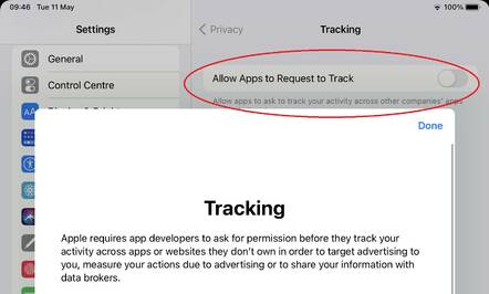 Apple's Allow Apps to Request to Track is off by default, with a detailed description available.