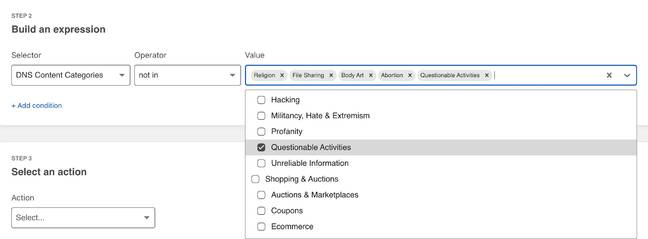 Cloudflare Gateway DNS Content Categories interface