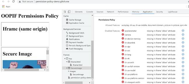 A permissions inspector shows blocked features in iframes