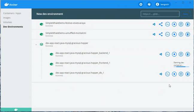 A Development Environment in Docker Desktop, with controls for starting containers and editing them with VS Code