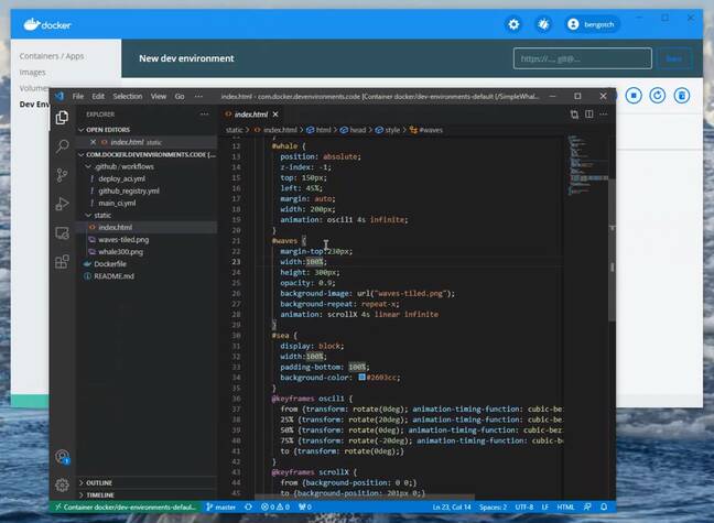 Editing code in a Docker Development Environment.