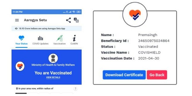 Aarogya Setu's vaccination status screens