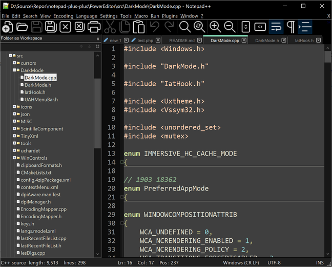 Version 8 of Notepad++ includes a new Dark Mode