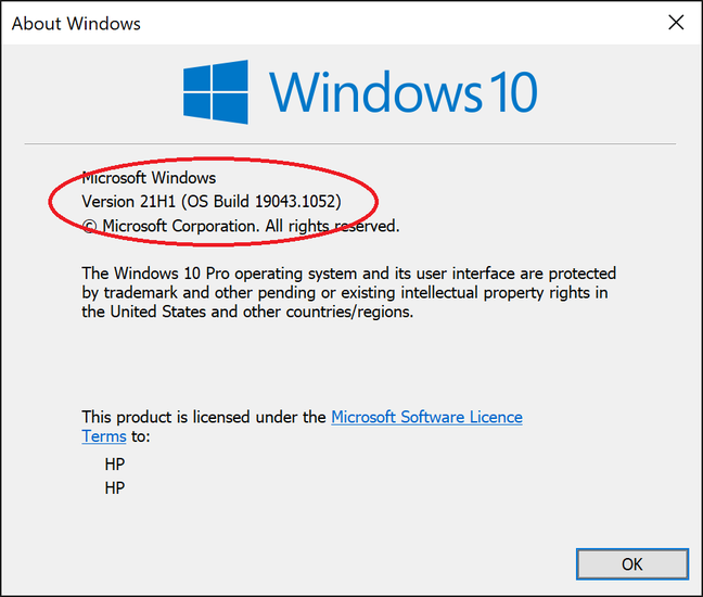 Winver shows the version of Windows, in this case 21H1, first half 2021 or 19043.1052 Winver shows the version of Windows, in this case 21H1, first half 2021 or 19043.1052