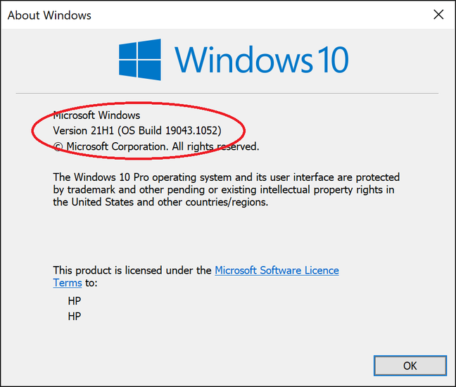 Winver shows the version of Windows, in this case 21H1, first half 2021 or 19043.1052