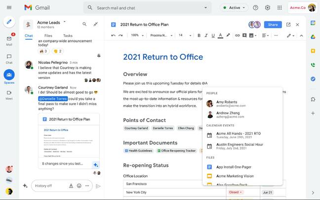 New Spaces feature including a document with a Smart Chip New Spaces feature including a document with a Smart Chip