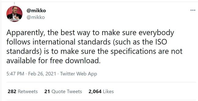 Security researcher Mikko Hyppönen complains about paywalled standards Security researcher Mikko Hyppönen complains about paywalled standards