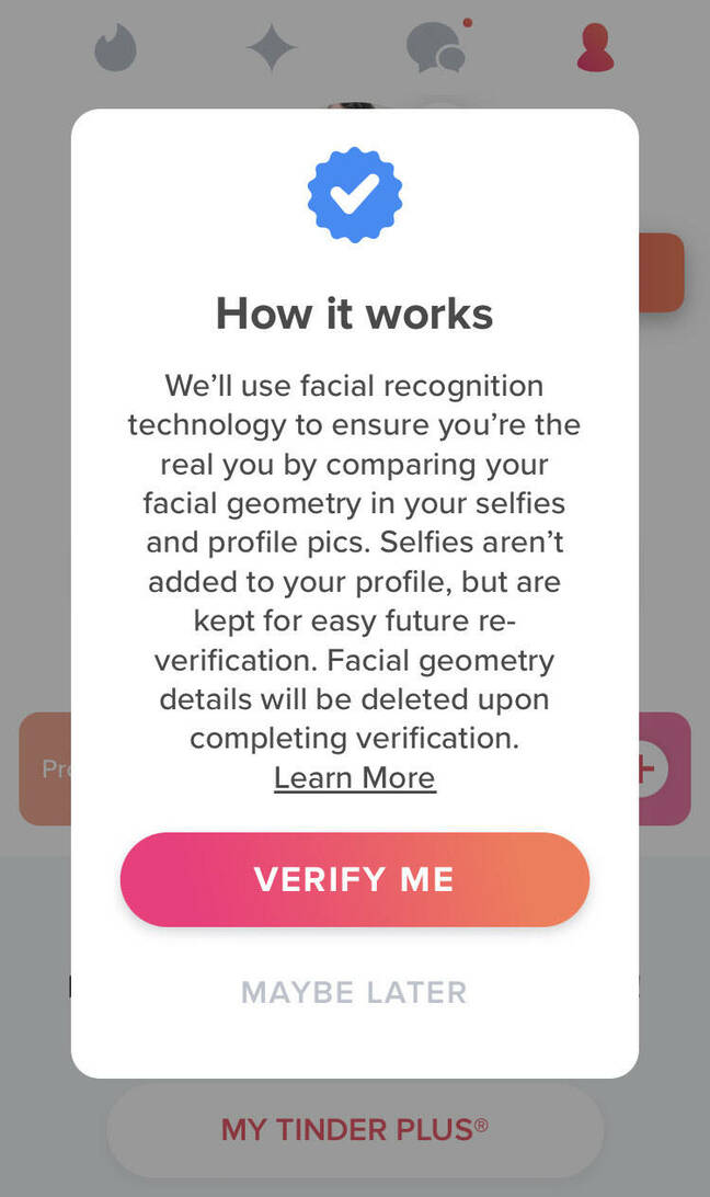 Tinder popup notification about face recognition