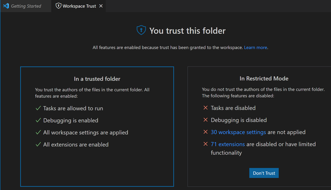 The consequences of not trusting a folder: many features do not work