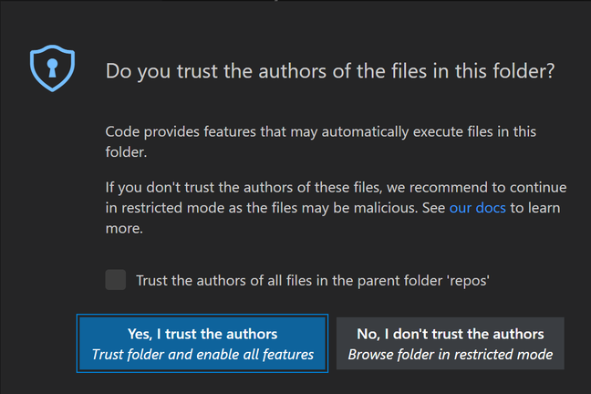 A large modal dialog pops up whenever VS Code opens a folder for the first time