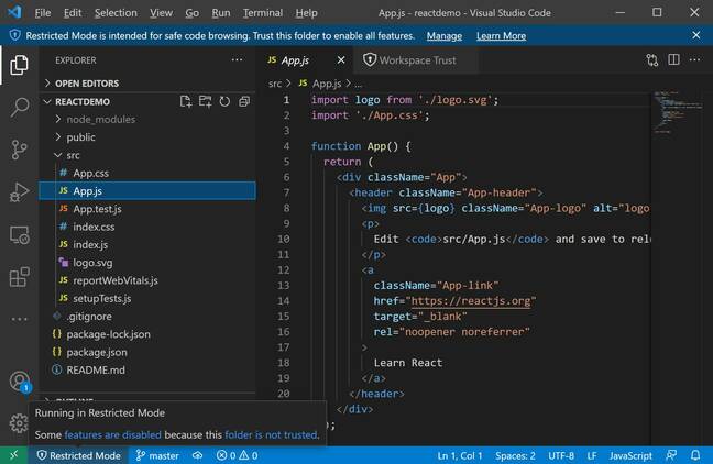 Visual Studio Code running in 'Restricted mode'