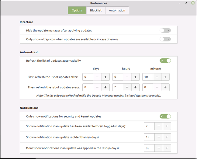 Fine-tuning update notifications in Linux Mint 20.2