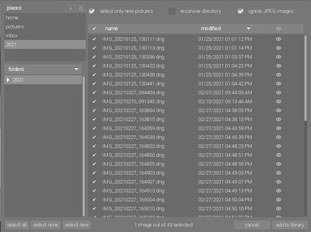 Darktable import dialog