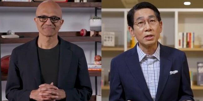 Microsoft CEO Satya Nadella and NEC CEO Takayuki Morita 