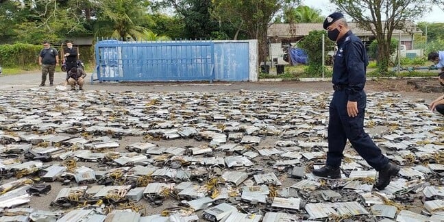 Bitcoin mining kit crushed by a steamroller in Miri, Malaysia. Source: Miri District Police Facebook page (https://www.facebook.com/polisdaerahmiri/posts/3023495991215015) 