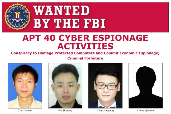 FBI wanted poster for alleged members of APT40, aka China's Ministry of State Security hackers