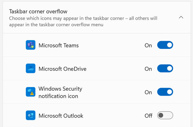 Options for the "taskbar corner overflow" 