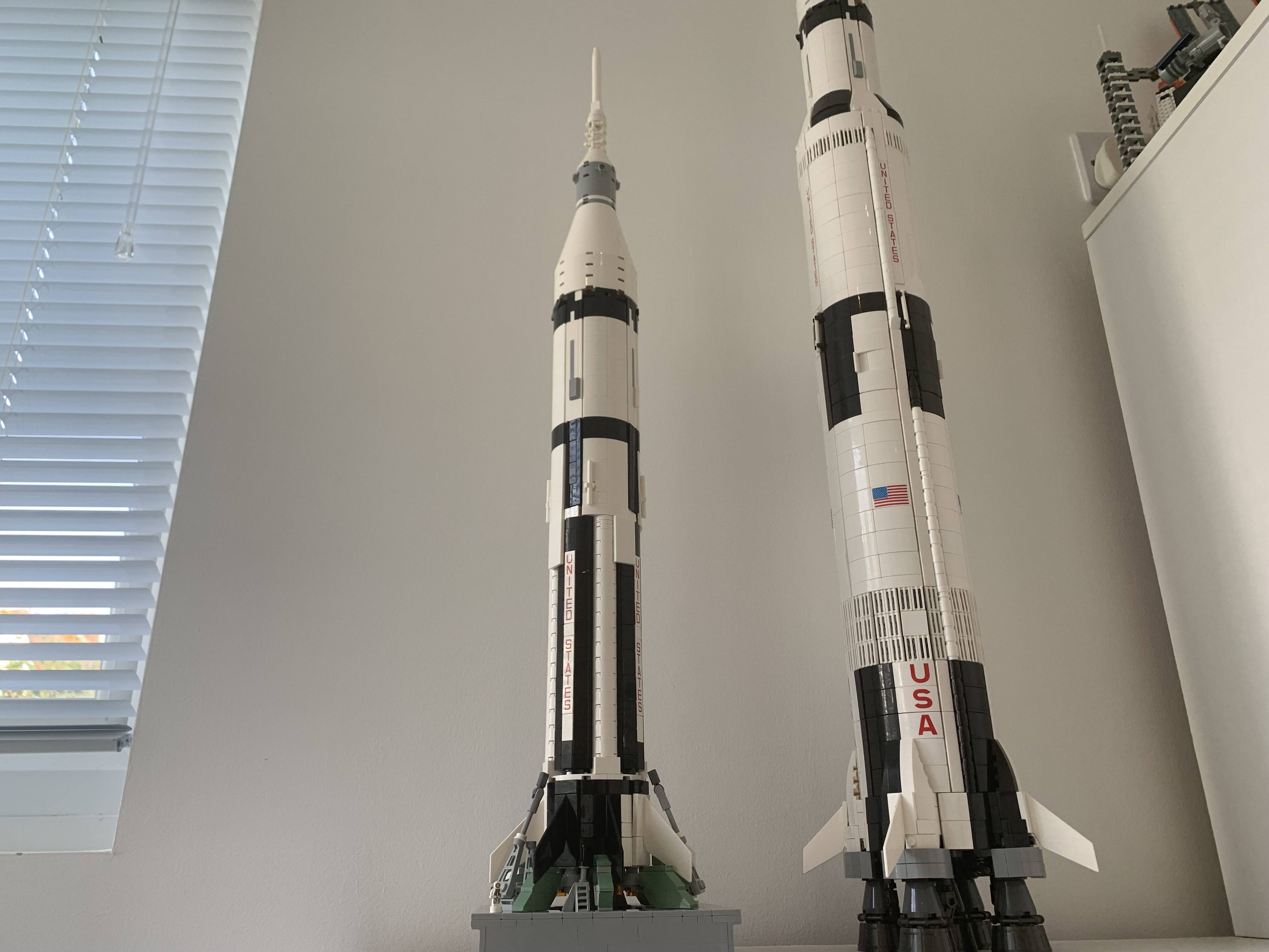 lego shuttle next to saturnn v