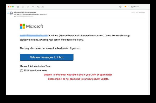 Microsoft phishing message