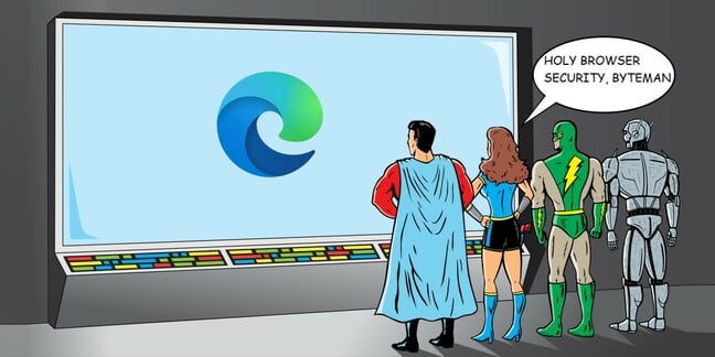 Superheroes stare at screen with MS Edge logo