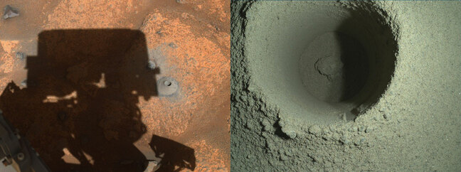 Perseverance's drill hole in the Martian surface. Credits: NASA/JPL-Caltech/MSSS