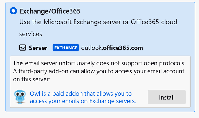 Thunderbird is not happy with Office 365 in cases where IMAP is not available