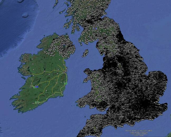 The 111,000 location entries from the Guntrader plotted on Google Earth