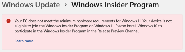 Windows Insider Windows 11 hardware reqs message