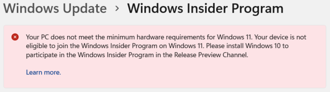 Mensaje de solicitud de hardware de Windows Insider Windows 11