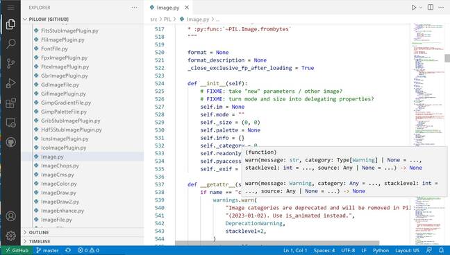 Python code in the github.dev editor