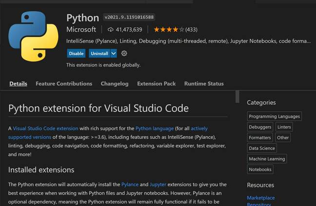 The Python extension has over 41 million installs