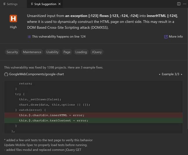A Snyk Code suggestion in Visual Studio Code