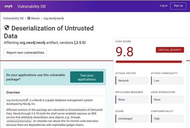 An entry in the Snyk vulnerability database