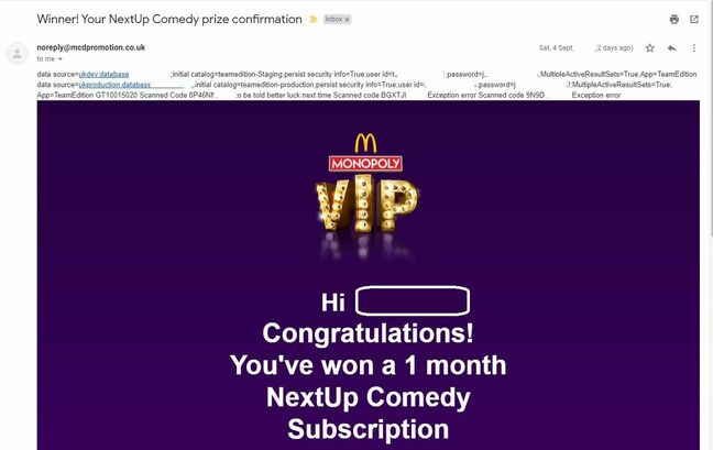 Screenshot of McDonald's Monopoly VIP promotion that exposed database login credentials