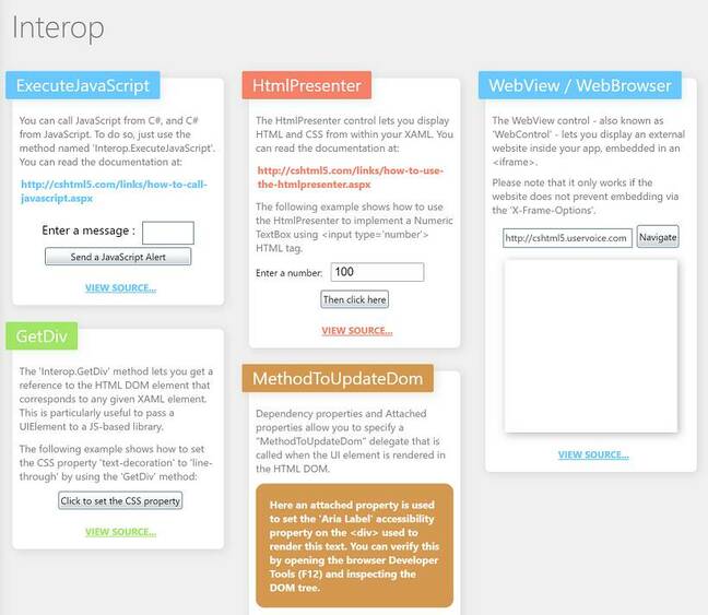 The OpenSilver showcase includes interop examples and a WebView control