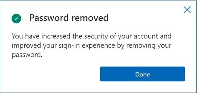 Screenshot acknowledging your password has been removed from your Microsoft account