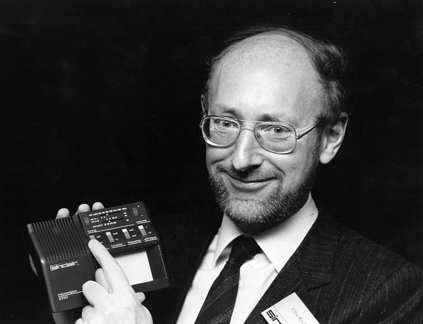 Clive Sinclair, founder of Sinclair Research, displays the prototype of a new multi-standard flat screen television in 1981. Source: Getty