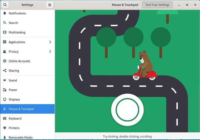 A cheery image lets users test mouse or touchpad settings