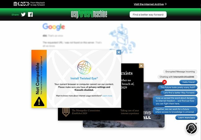 The Internet Archive's Wayforward Machine, on Google's homepage