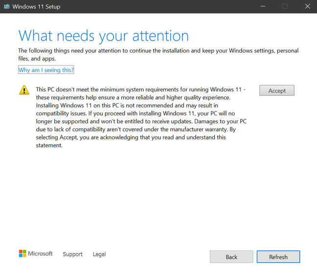 This warning appears when installing Windows 11 on unsupported hardware