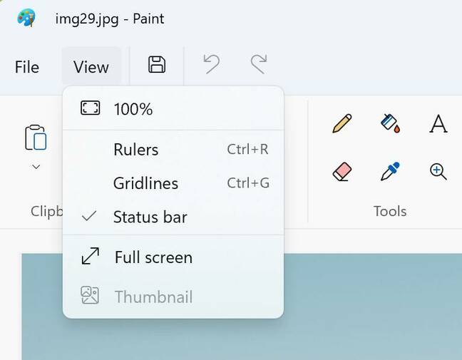 The View menu in Windows 11 Paint