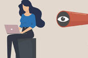 Illustration of someone being watched while using their laptop