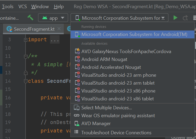 WSA appears in the debug list in Android Studio, complete with TM
