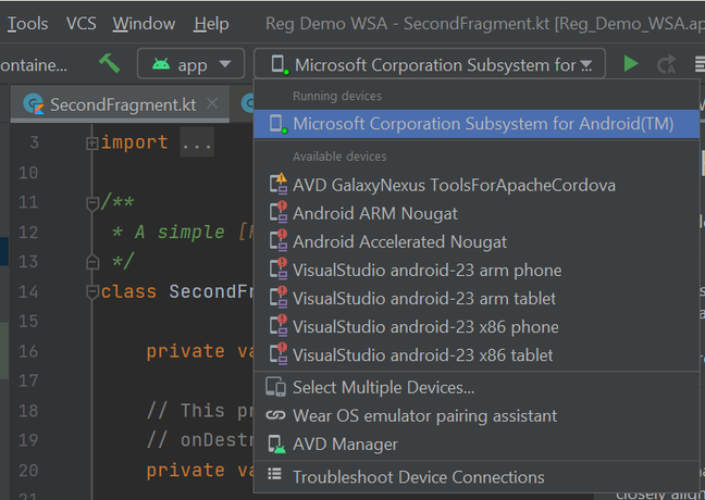 WSA apparaît dans la liste de débogage dans Android Studio, avec TM